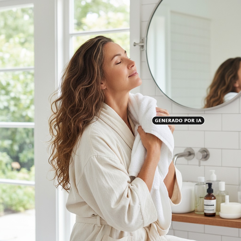 Generada por IA: Una mujer con bata blanca y el cabello largo y rizado sonríe con los ojos cerrados mientras sostiene una toalla blanca en un baño luminoso.