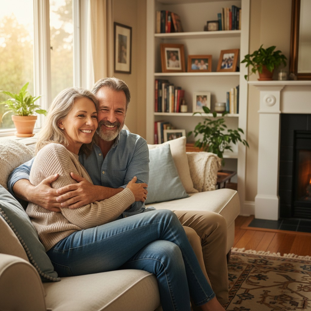 Una pareja sonriente de mediana edad se abraza sentada en el sofá de una sala de estar luminosa.