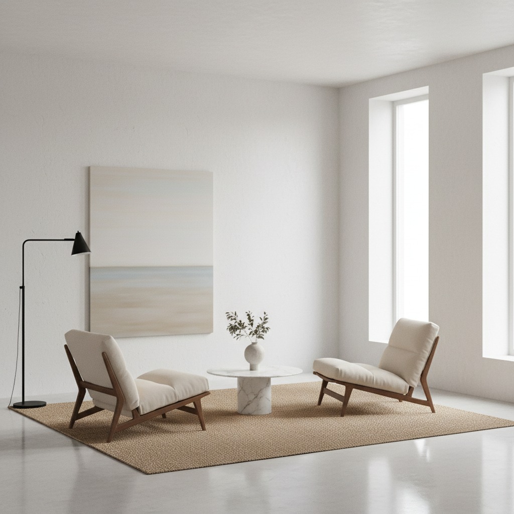 Sala de estar minimalista con dos sillones beige de madera, una mesa de centro de mármol y un cuadro abstracto en la pared.