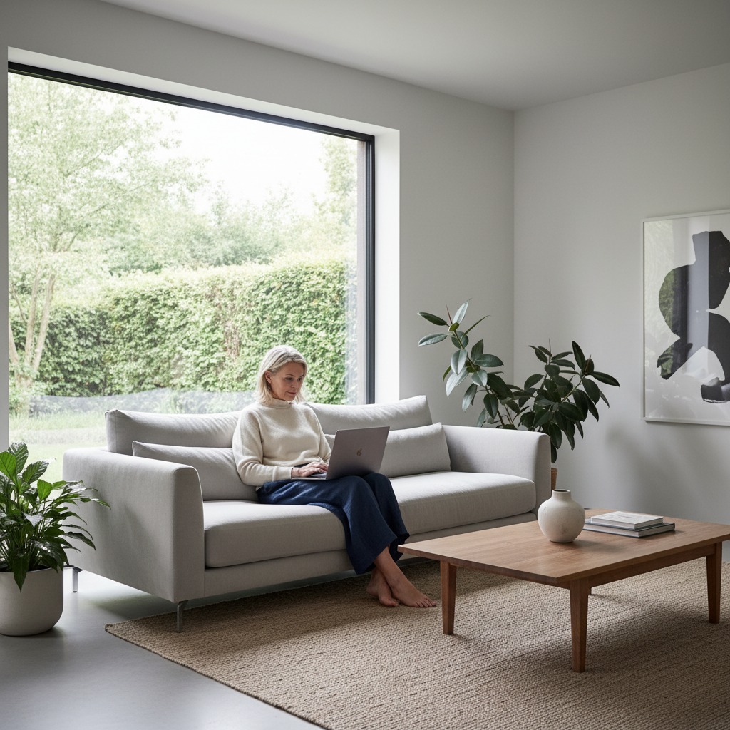 Una mujer rubia con jersey blanco está sentada en un sofá gris claro trabajando con un ordenador portátil en una sala de estar luminosa frente a una gran ventana con vistas al jardín.
